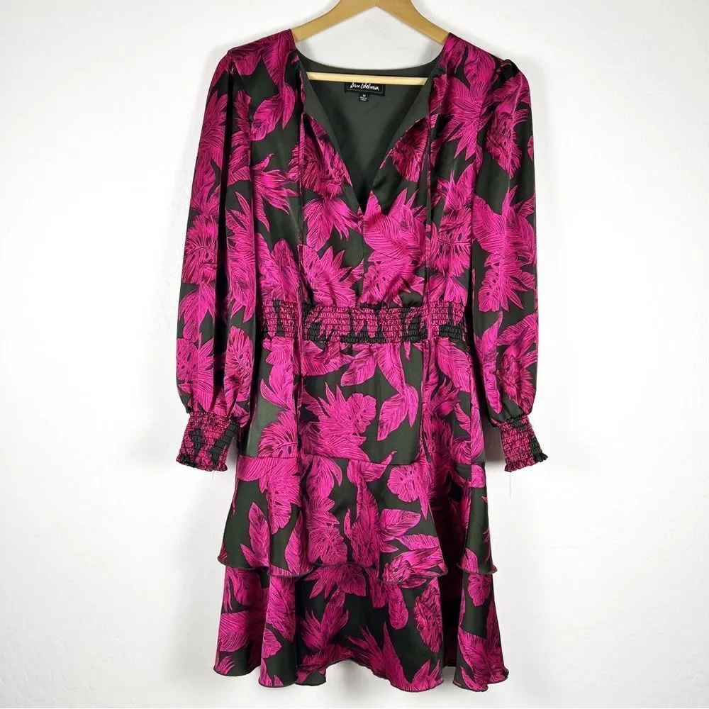 Sam Edelman Tropical Palm Mini Dress Smocked Waist Tiered Long Sleeve Pink Black